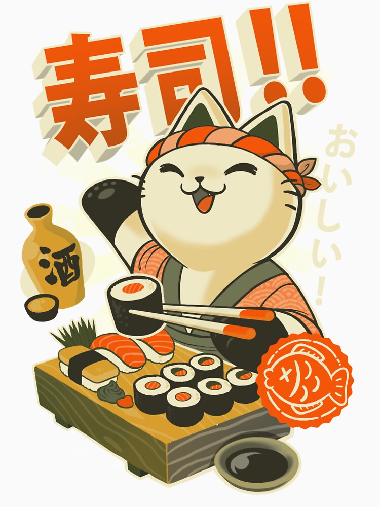 "Sushi Chef Cat Funny Restaurant Kitty Japanese Food" Tshirt by