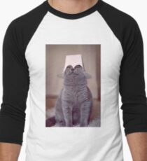 fig 1.4 - Cat with Chinese takeaway box on head Men's Baseball ¾ T-Shirt