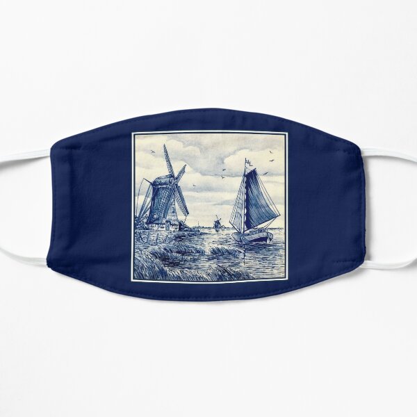 DUTCH BLUE DELFT : Vintage Sailboat and Windmills Print Mask