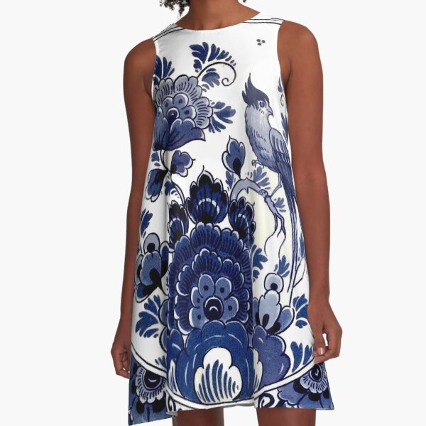 DUTCH BLUE DELFT : Vintage Blue Bird and Flowers Print A-Line Dress