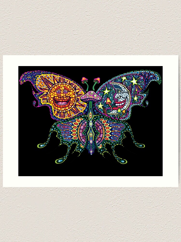 Psychedelic Mushroom Sun Moon Butterfly Art Print By Sandersart Redbubble
