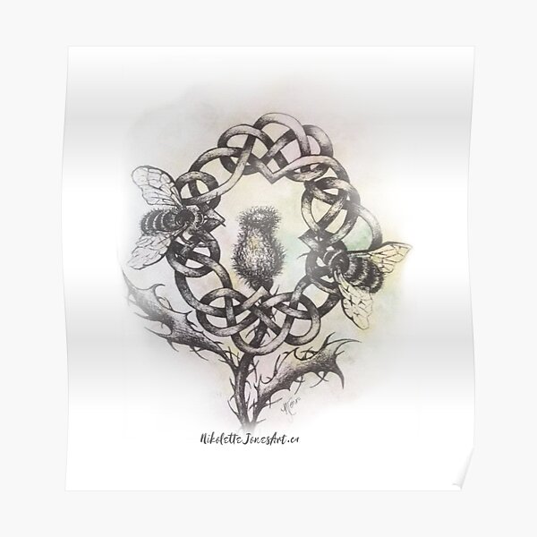 Nikolette Jones Art Scottish Thistle Celtic Knot w Bees Poster