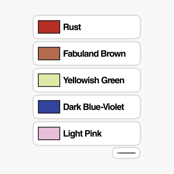 Brick Sorting Labels: Rust, Fabuland Brown, Yellowish Green, Dark Blue-Violet, Light Pink Sticker