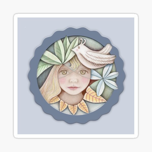 cute blond girl with green leaves and white bird Sticker