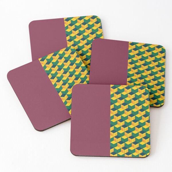 Giyu's Half Solid Half Geometric Traditional Japanese Kimono Pattern Coasters (Set of 4)