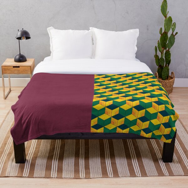 Traditional Japanese Geometric Kimono pattern, Half-Solid Half-Geometric Pattern, Japanese Haori Pattern Throw Blanket