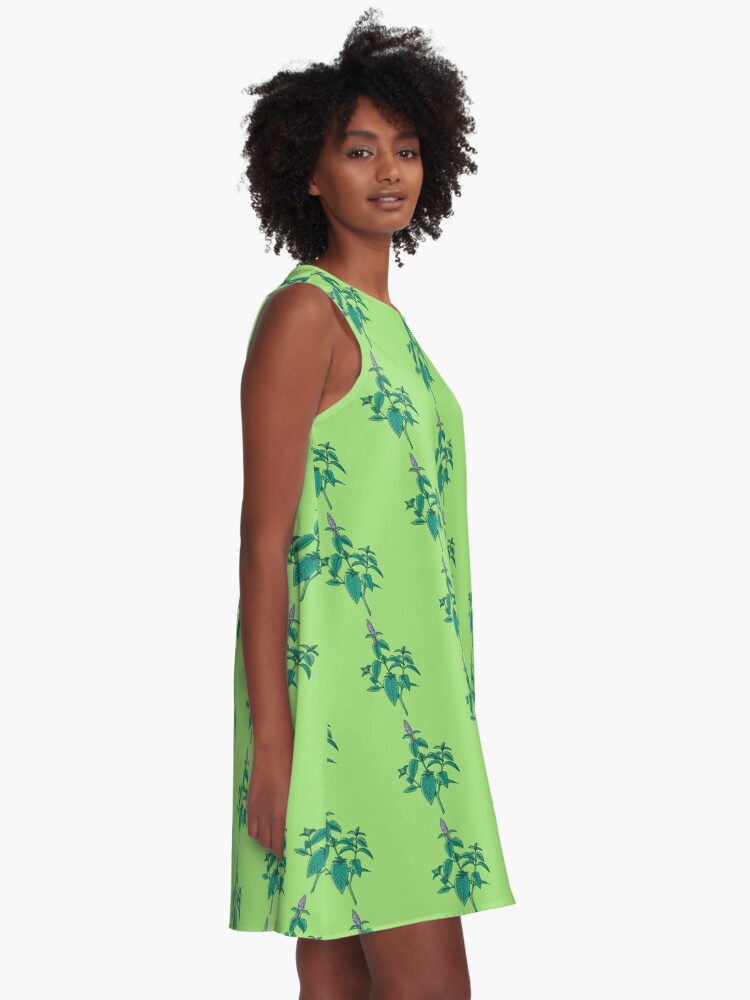 Alternate view of green mint plant with purple flowers A-Line Dress