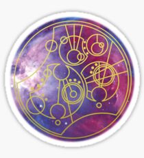 'Gallifrey Falls No More.' in Gallifreyan - Gold (bright nebula background) Sticker