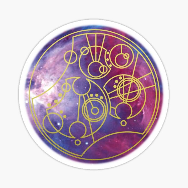 'Gallifrey Falls No More.' in Gallifreyan - Gold (bright nebula background) Sticker