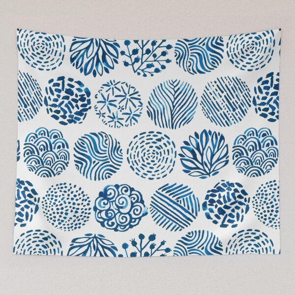 Item preview, Watercolor indigo circle doodles. Abstract Japanese nature decoration. designed and sold by kostolom3000.
