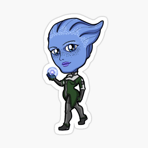 Vista previa del artículo con la obra «Mass Effect - Asari Liara T'Soni empuñando Biotics Chibi Sticker», diseñado y vendido por Zphal.
