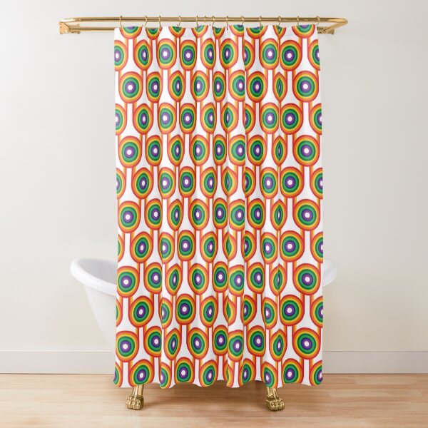 Scandi Midcentury Modern Retro Geometric Rainbow White Pattern Shower Curtain