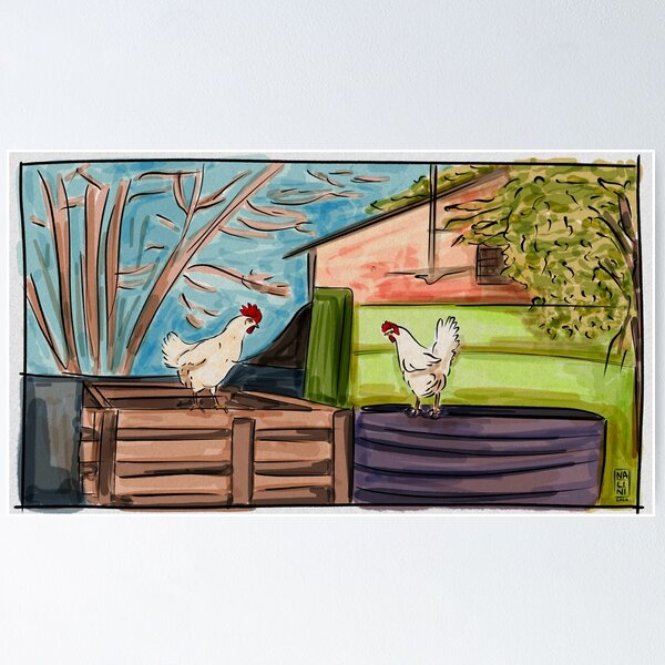 Item preview, Backyard with chickens colorful sketch designed and sold by NaliniLe.