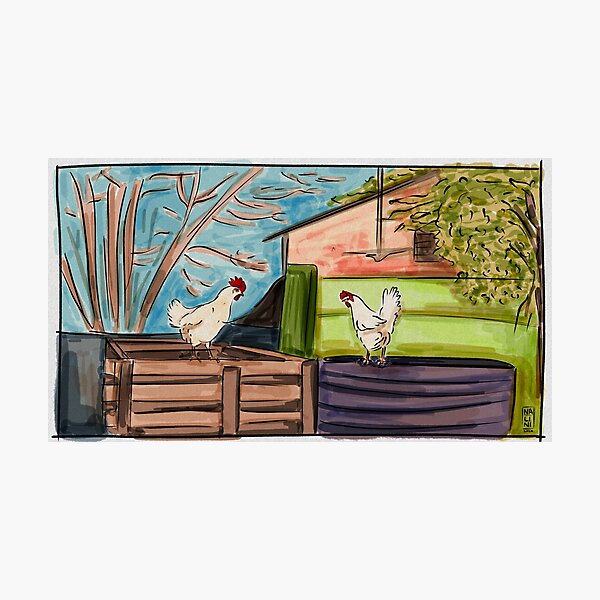 Item preview, Backyard with chickens colorful sketch designed and sold by NaliniLe.