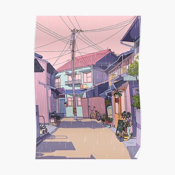 Day rain from a pink sky on a street Poster