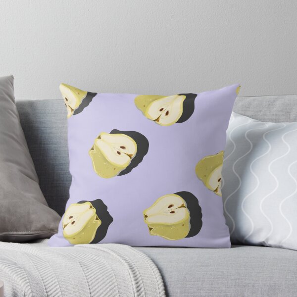 Item preview, Juicy pear whole and cut top view pop art with shadow seamless pattern on lilac background. designed and sold by NataPrando.