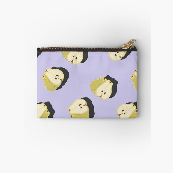 Item preview, Juicy pear whole and cut top view pop art with shadow seamless pattern on lilac background. designed and sold by NataPrando.