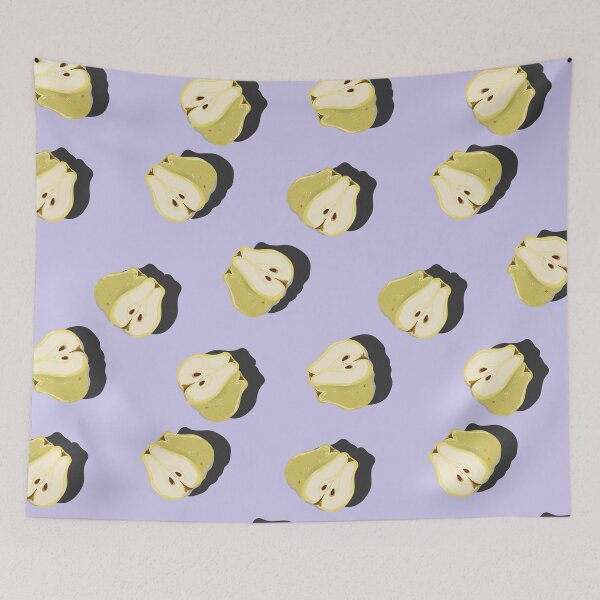 Item preview, Juicy pear whole and cut top view pop art with shadow seamless pattern on lilac background. designed and sold by NataPrando.