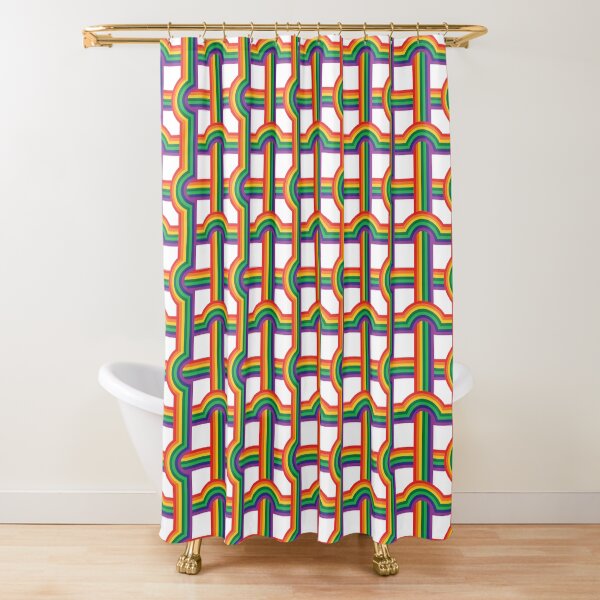Scandi Midcentury Modern Retro Geometric Rainbow Grid White Checks Pattern Shower Curtain