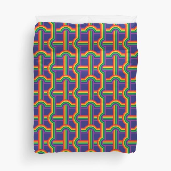 Scandi Midcentury Modern Retro Geometric Rainbow Grid Blue Checks Pattern Duvet Cover