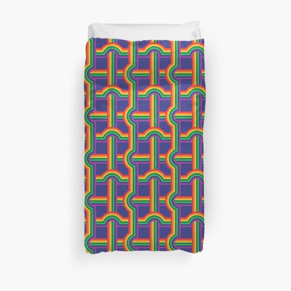 Scandi Midcentury Modern Retro Geometric Rainbow Grid Blue Checks Pattern Duvet Cover