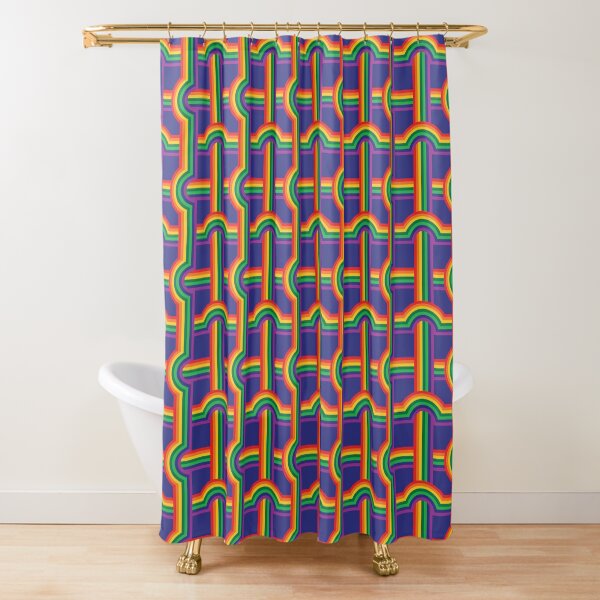 Scandi Midcentury Modern Retro Geometric Rainbow Grid Blue Checks Pattern Shower Curtain