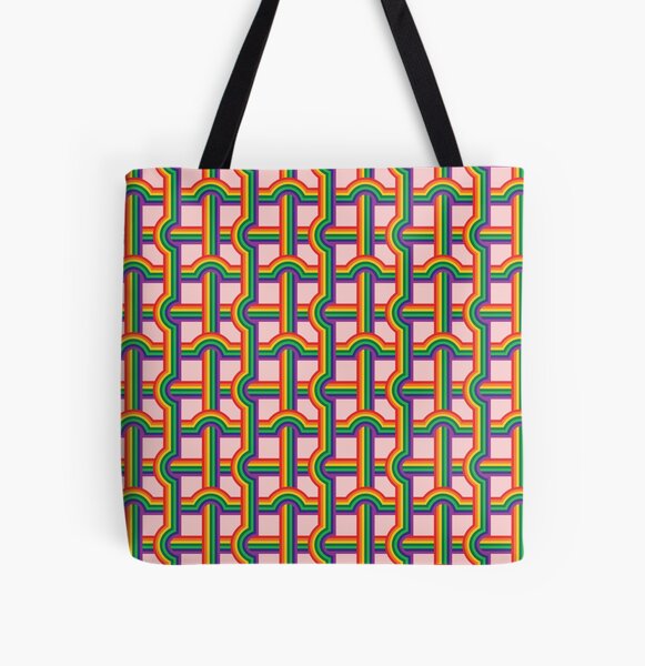 Scandi Midcentury Modern Retro Geometric Rainbow Grid Pink Checks Pattern All Over Print Tote Bag