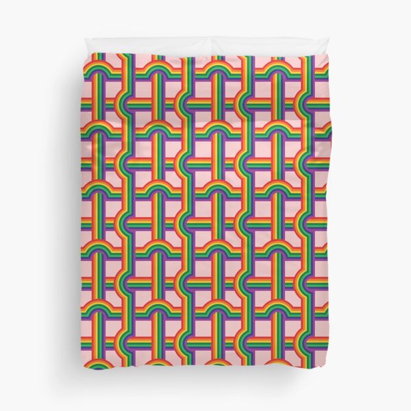 Scandi Midcentury Modern Retro Geometric Rainbow Grid Pink Checks Pattern Duvet Cover