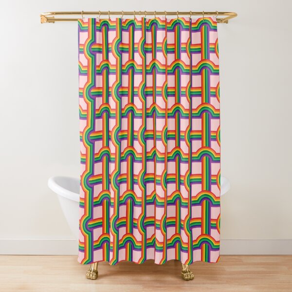Scandi Midcentury Modern Retro Geometric Rainbow Grid Pink Checks Pattern Shower Curtain