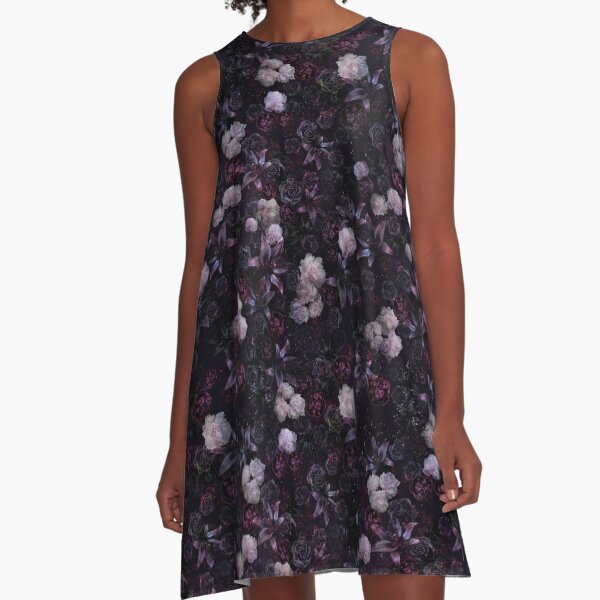 Midsummer Nights Dream #Dark Floral #Midnight #Black #Rose #Night A-Line Dress
