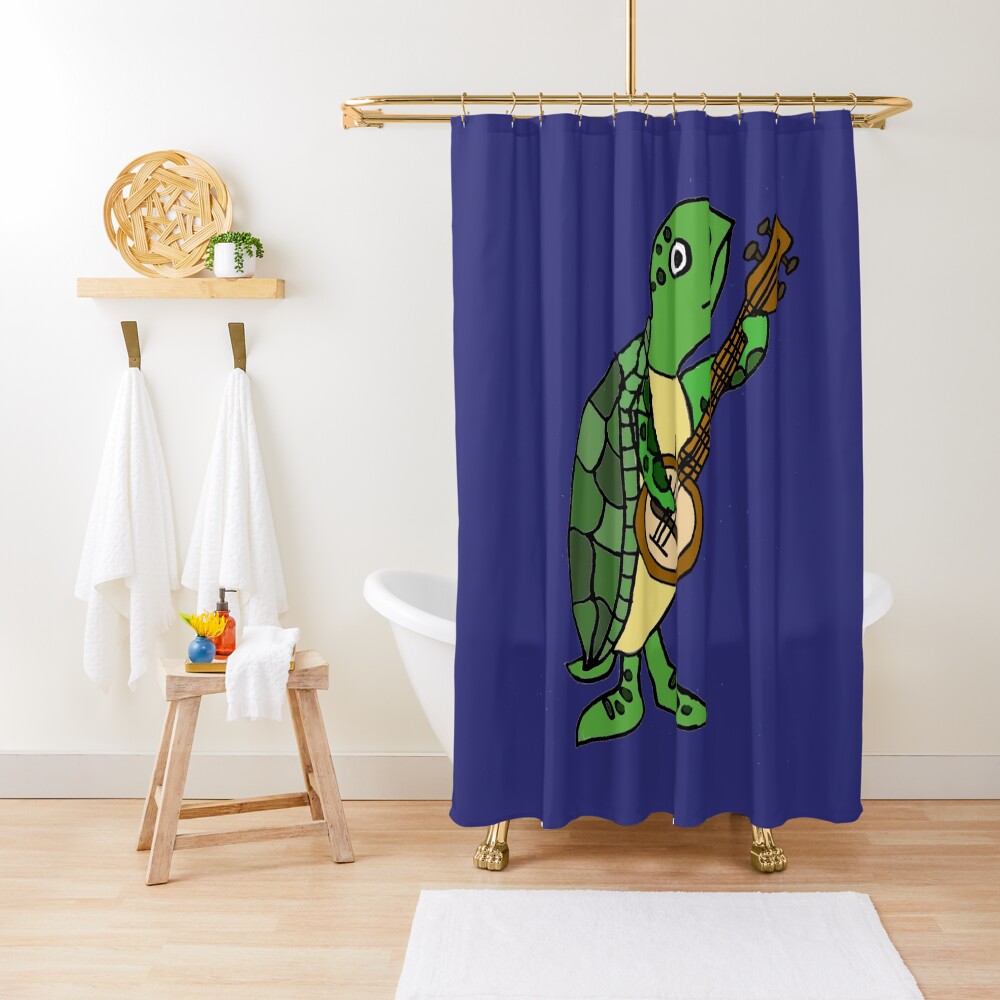 "Cute Sea Turtle Playing Banjo Cartoon" Shower Curtain for Sale by
