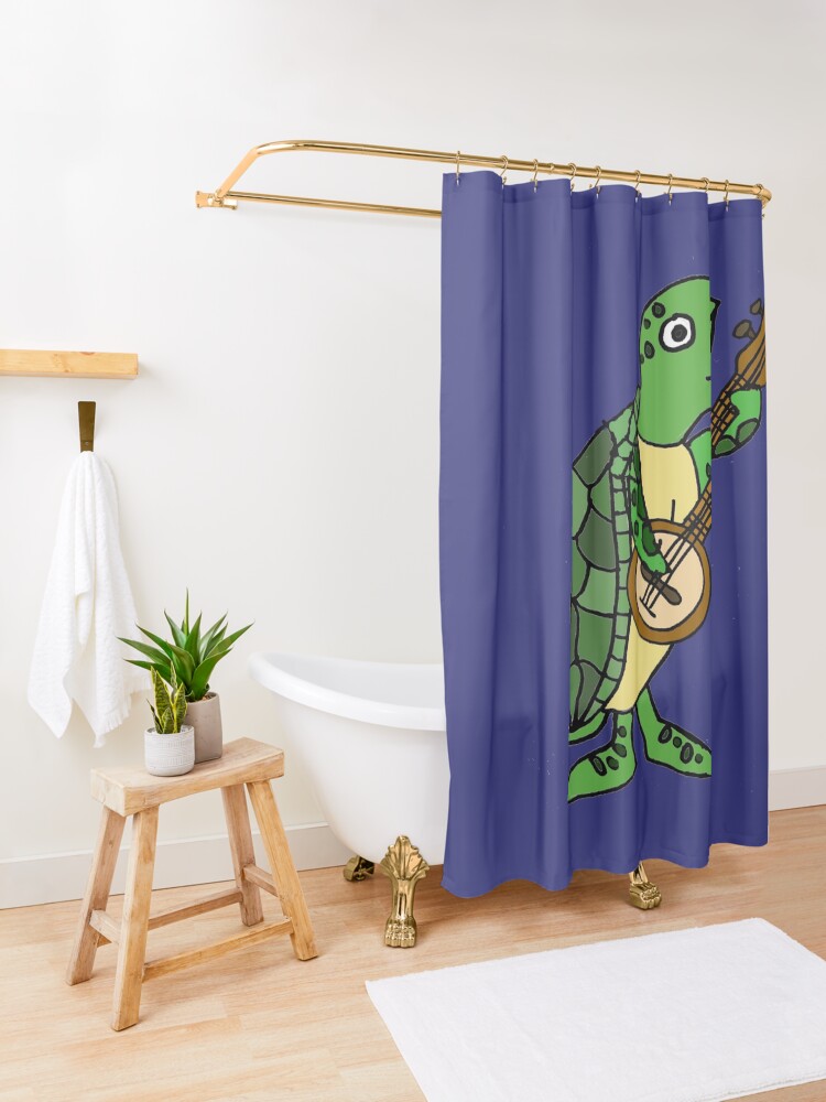 "Cute Sea Turtle Playing Banjo Cartoon" Shower Curtain for Sale by