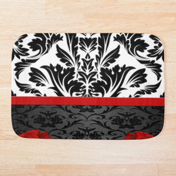Black White Damask & Red Roses Bath Mat