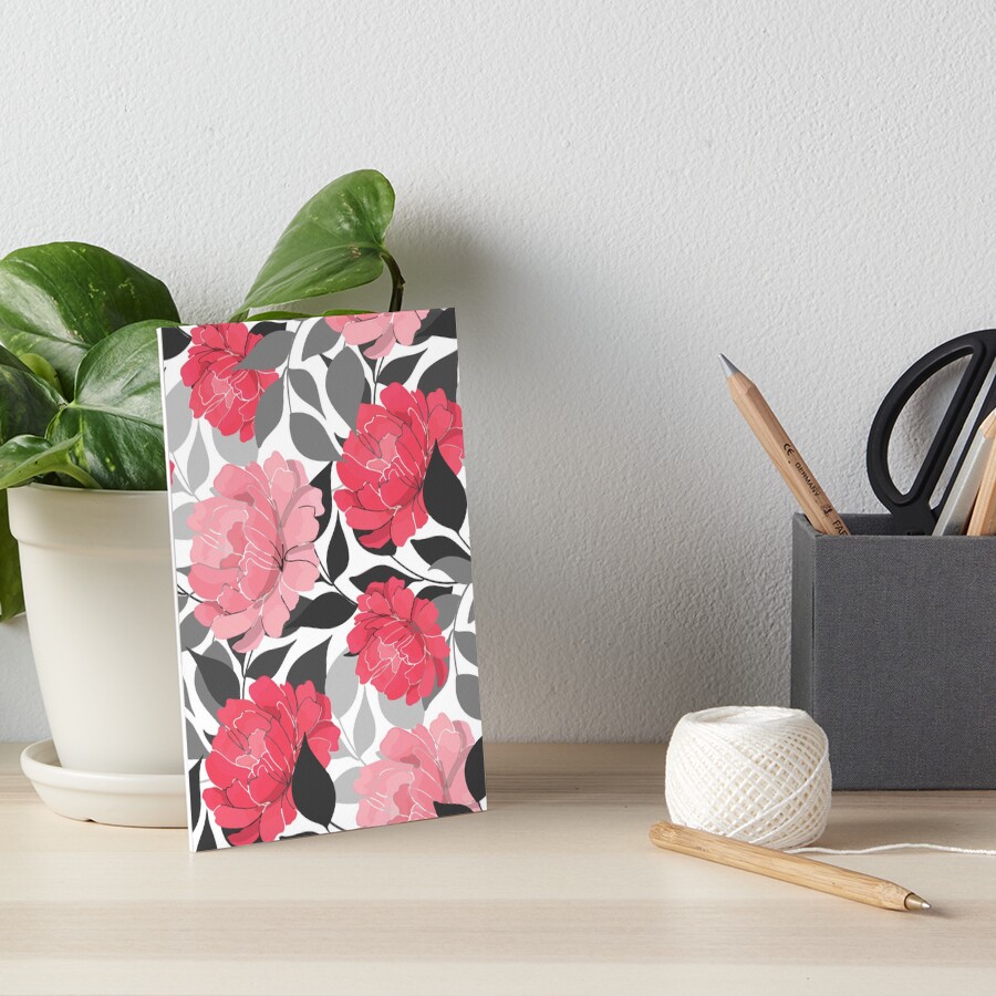 "Blush and Bashful Flower Pattern on Black and White" Art Board Print