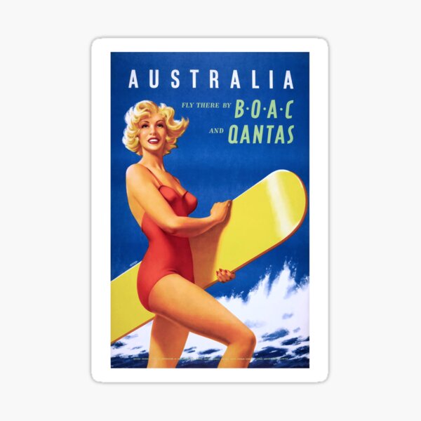 1956 Australia Fly There By BOAC And Qantas Airline Poster Sticker