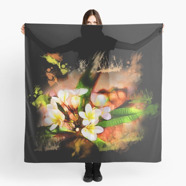 Beautiful tropical flowers on black in watercolor beauty Scarf
