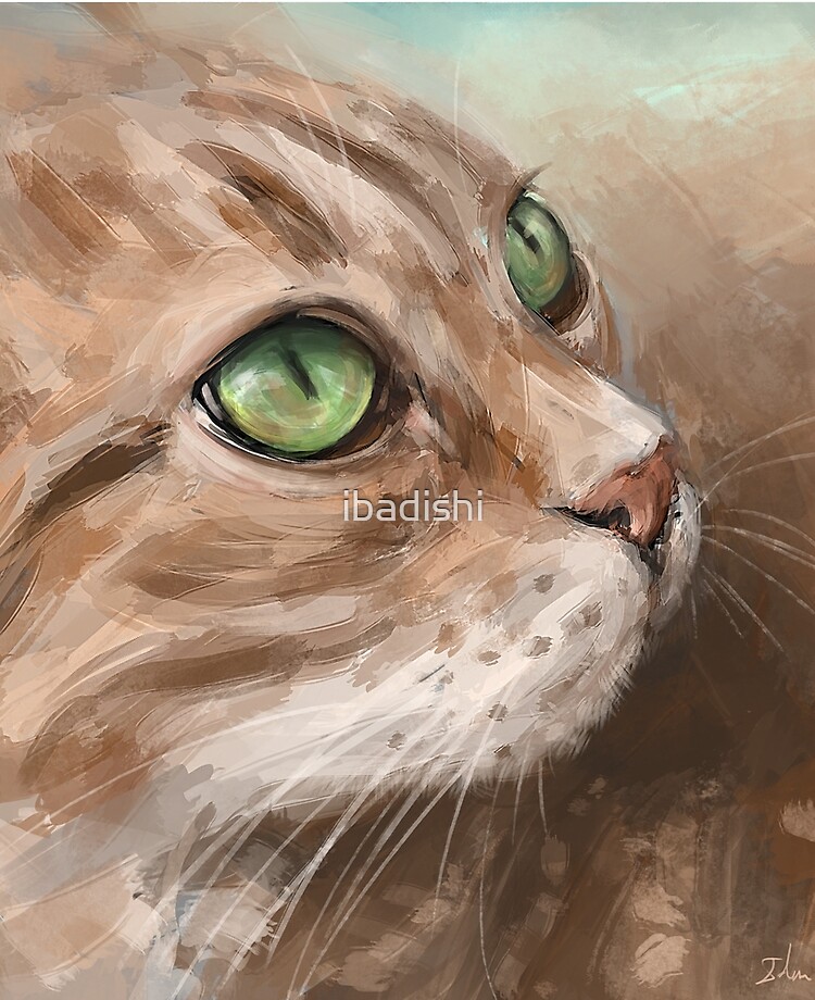 Painting of a Blonde Cat with Bright Green Eyes Looking to the Side Painting of a Blonde Cat with Bright Green Eyes Looking to the Side