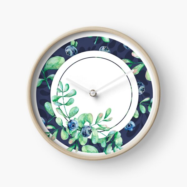 Blueberry plant and berries in colorful bright circles. Clock