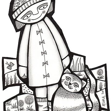 Artwork thumbnail, Girl and her cat (slim fit) black and white mosaic illustration by Muna Zuberi