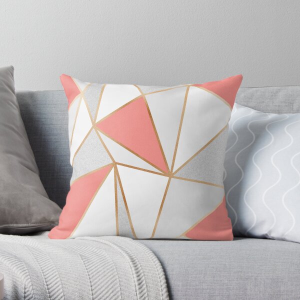 Coral, Grey & Gold Geo Throw Pillow