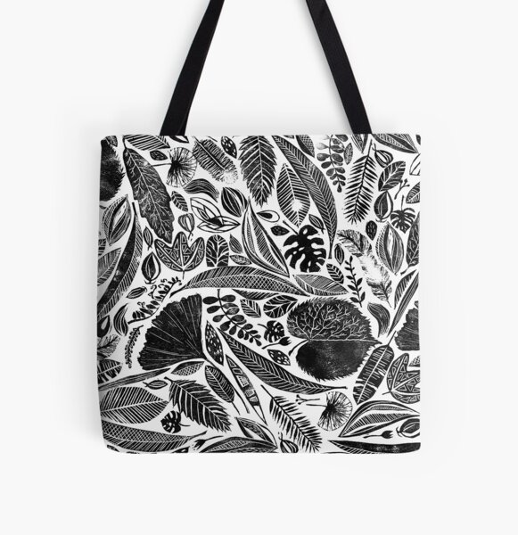 Mixed leaves, Lino cut printed nature inspired hand printed pattern All Over Print Tote Bag