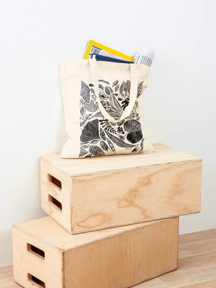Alternate view of Mixed leaves, Lino cut printed nature inspired hand printed pattern Tote Bag