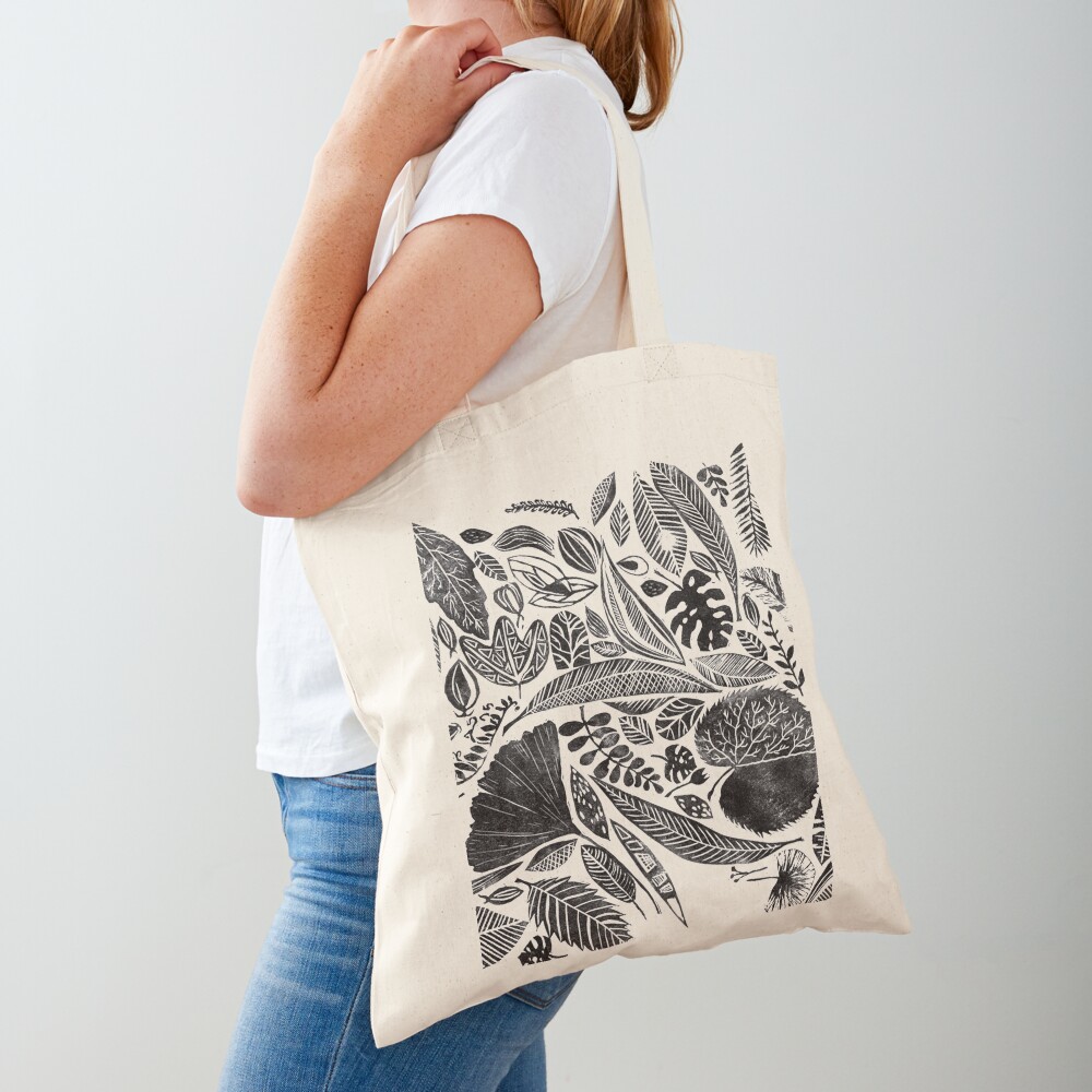 Mixed leaves, Lino cut printed nature inspired hand printed pattern Tote Bag