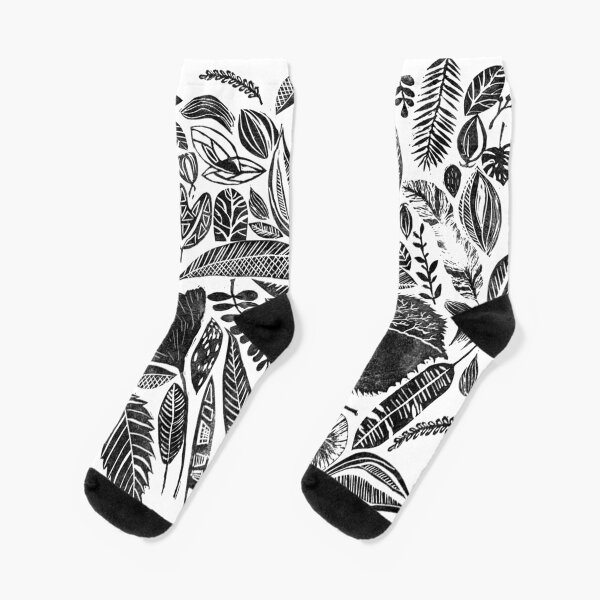 Mixed leaves, Lino cut printed nature inspired hand printed pattern Socks
