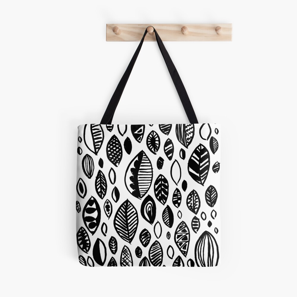 Black Flower Embossing Leather Tote Bags Hand-Drawn Illustration