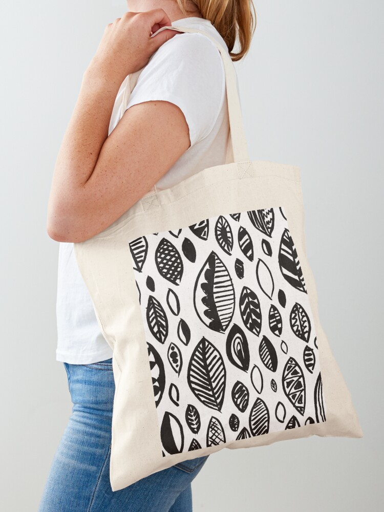 Black Flower Embossing Leather Tote Bags Hand-Drawn Illustration