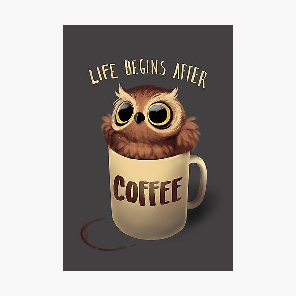 Night Owl Coffee - Cute Bird - Life Begins after Coffee Photographic Print