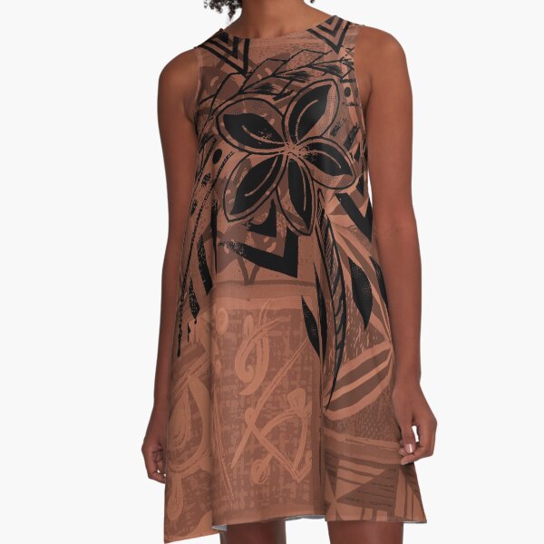 Vintage Hawaiian Tribal Petrogyph Pattern A-Line Dress