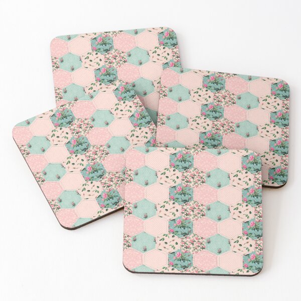 Item preview, Hexagon Patchwork Pattern with pink roses and rosebuds on mint green and pale pink dotted background designed and sold by cameo-ab.