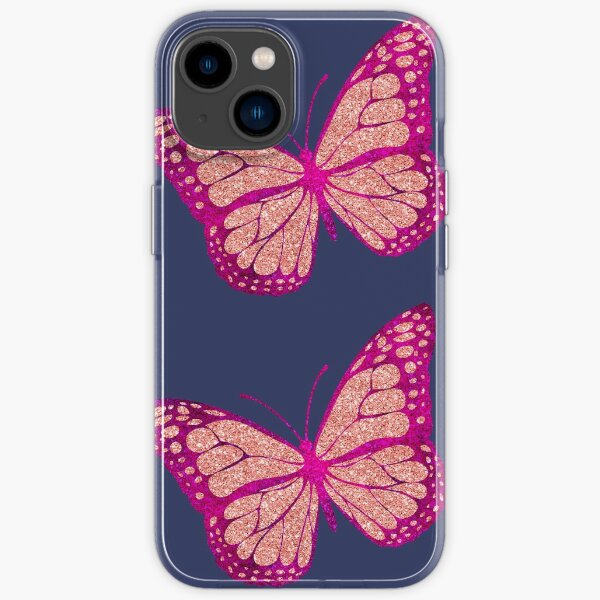 "Pink Rose gold Glitter Monarch Butterfly on dark Blue sky" iPhone Case